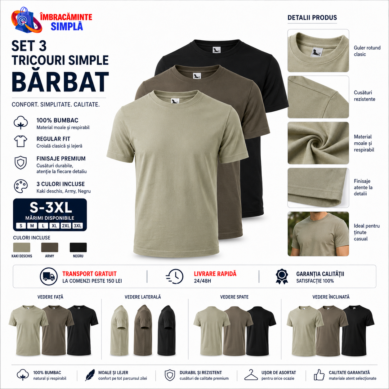Caracteristici set 3 tricouri barbati bumbac 100 army kaki deschis negru